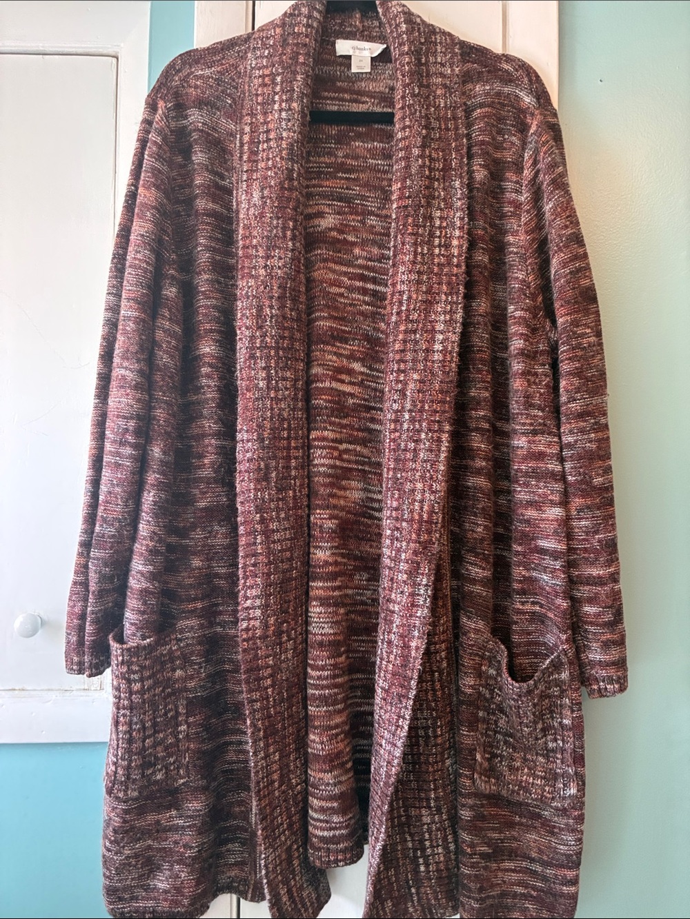 CJ Banks Marled Open-Front Cardigan - Burgundy Mix